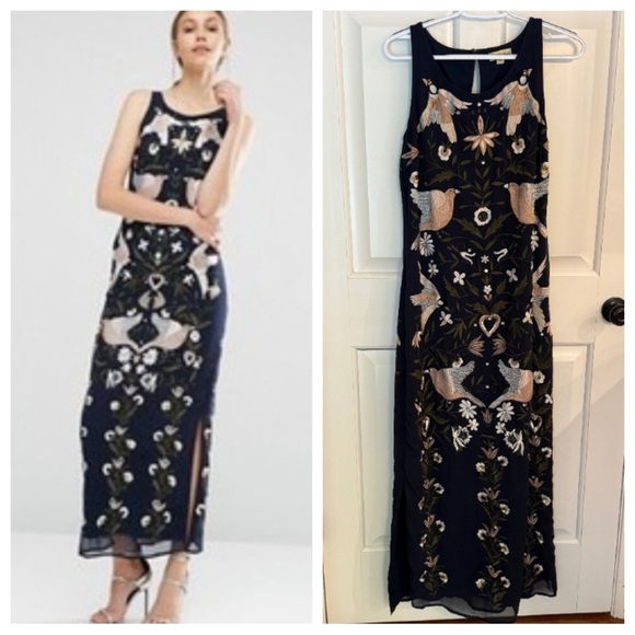 Frock & Frill Dresses & Skirts - Frock & Frill Navy Pink Bird Floral Embroidered Beaded Maxi Dress - 45624